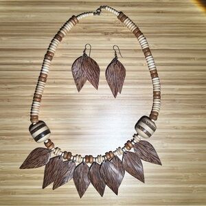 Brown and Cream Leaf Necklace and Earring Set